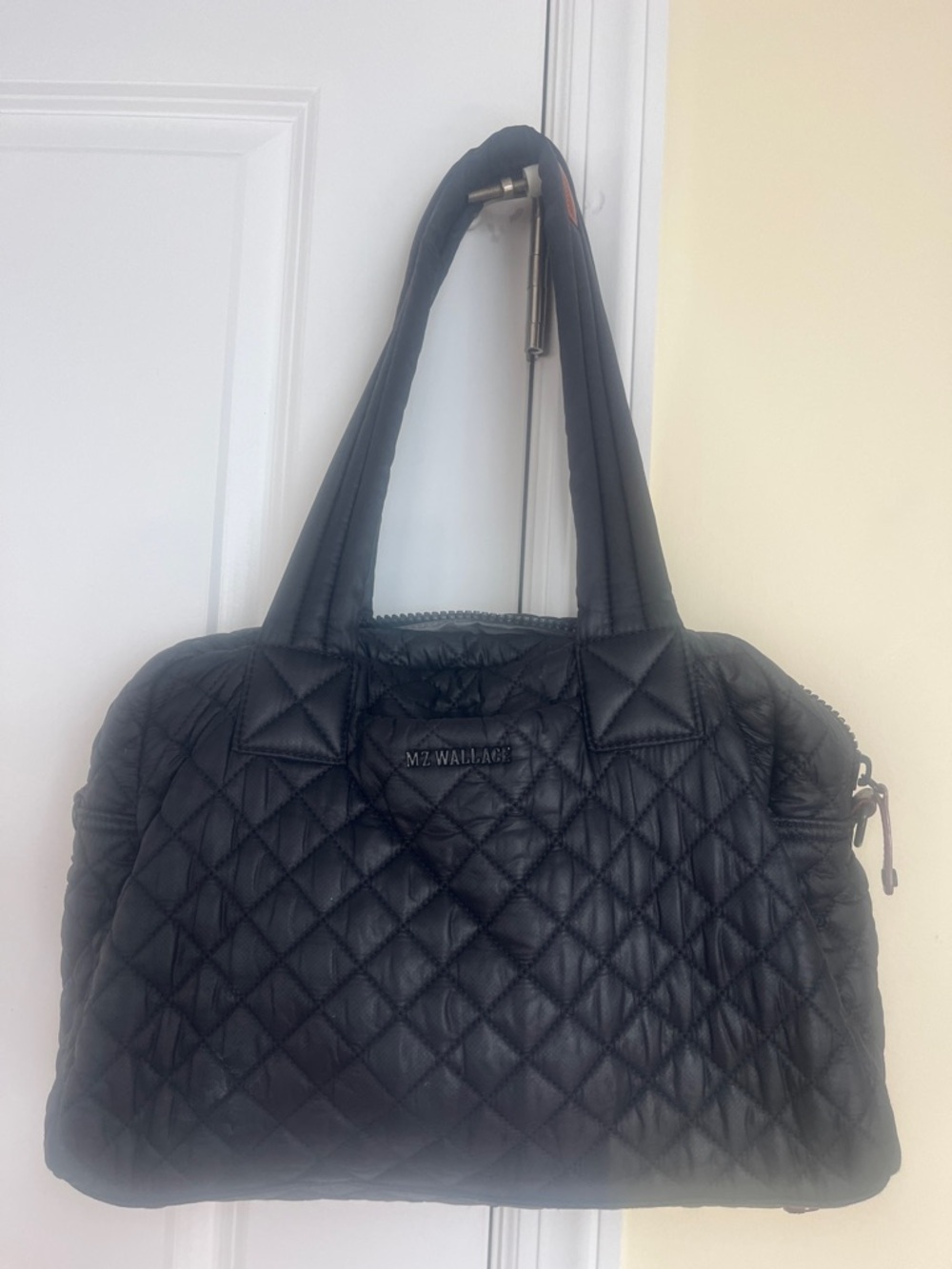MZ Wallace Black Quilted Nylon Tote with Dual Top Handles and strap
